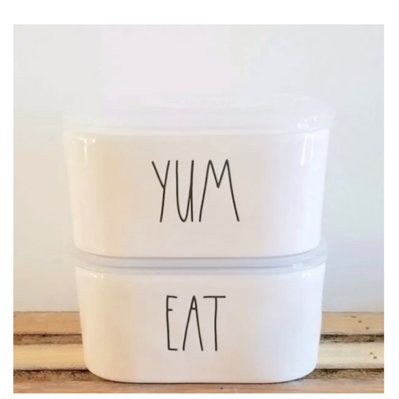 NEW Rae Dunn Yum & Eat Ceramic Food Storage Containers with Lids ~ Set of Two - Picture 1 of 1